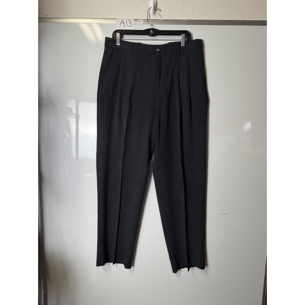 Paradise Coves Mens 34 Black 100% Silk Pleated Herringbone Trousers Dress Pants